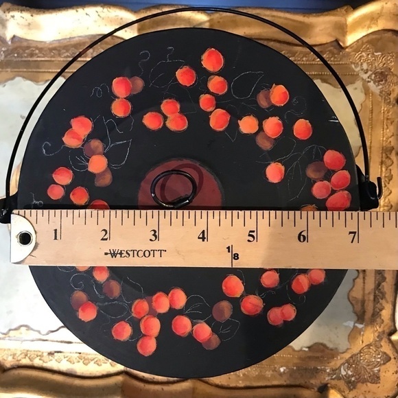 Cottagecore Hand painted Toleware Tin Bucket w/ Lid, Features a Fruit Motif - Picture 16 of 16